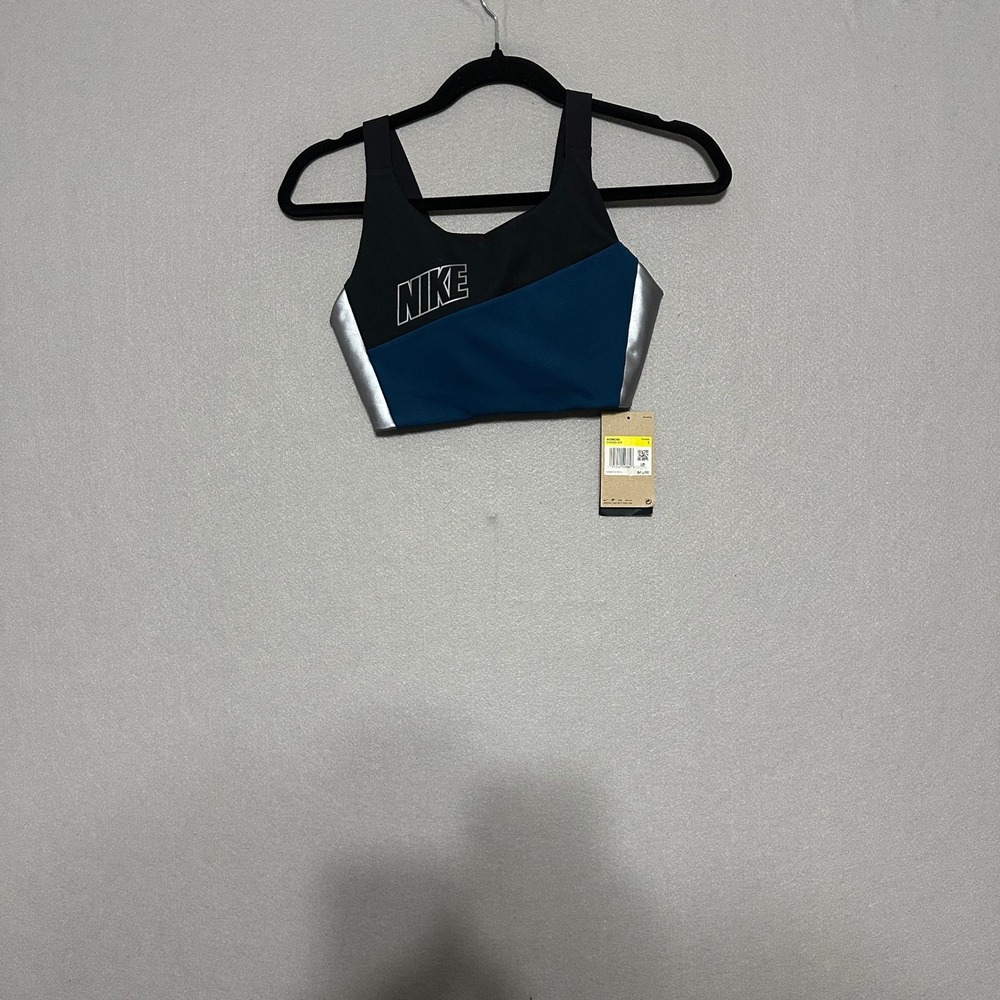 Nike Swoosh Dri-FIT Sports Bra Black Teal Metallic Silver Medium Support Small